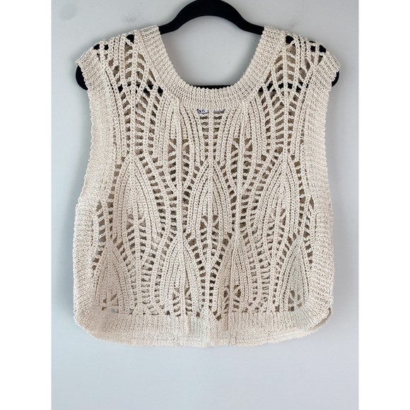 Zara Womens Crochet Crop Tank Top L Cream Vest Coastal Boho Open Knit Festival - Picture 2 of 8